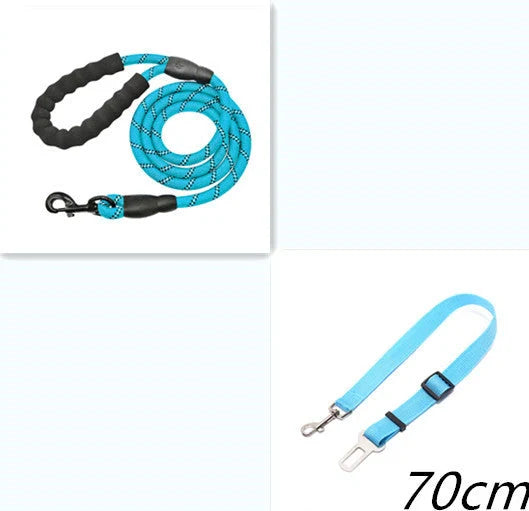 Reflective dog leash with foam handle showing 1.5m length and zinc alloy hook