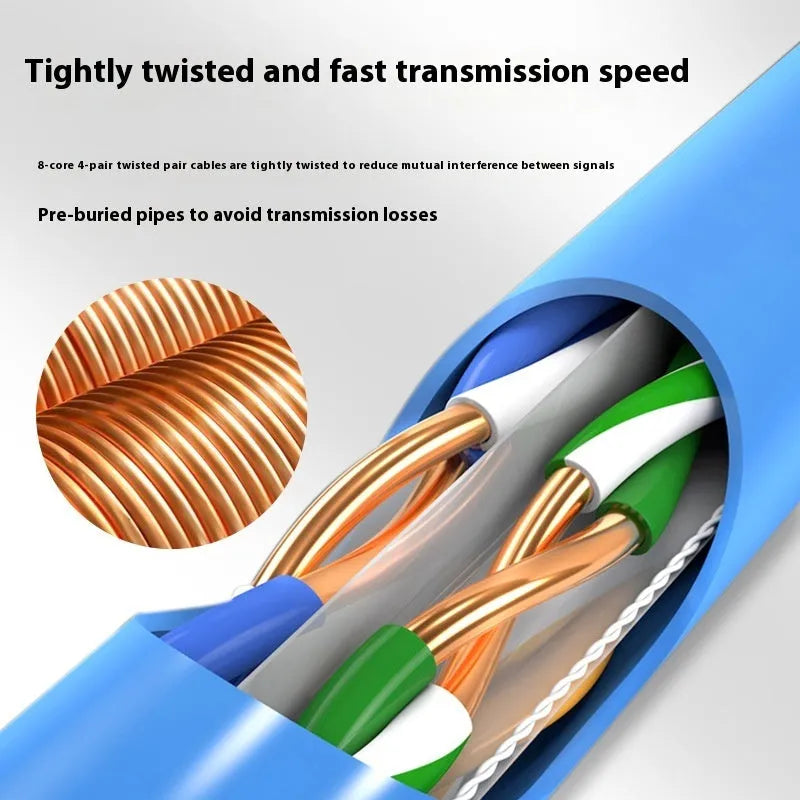 A reel of blue Category 6 network cable with oxygen-free copper core, showing the 305m length label.