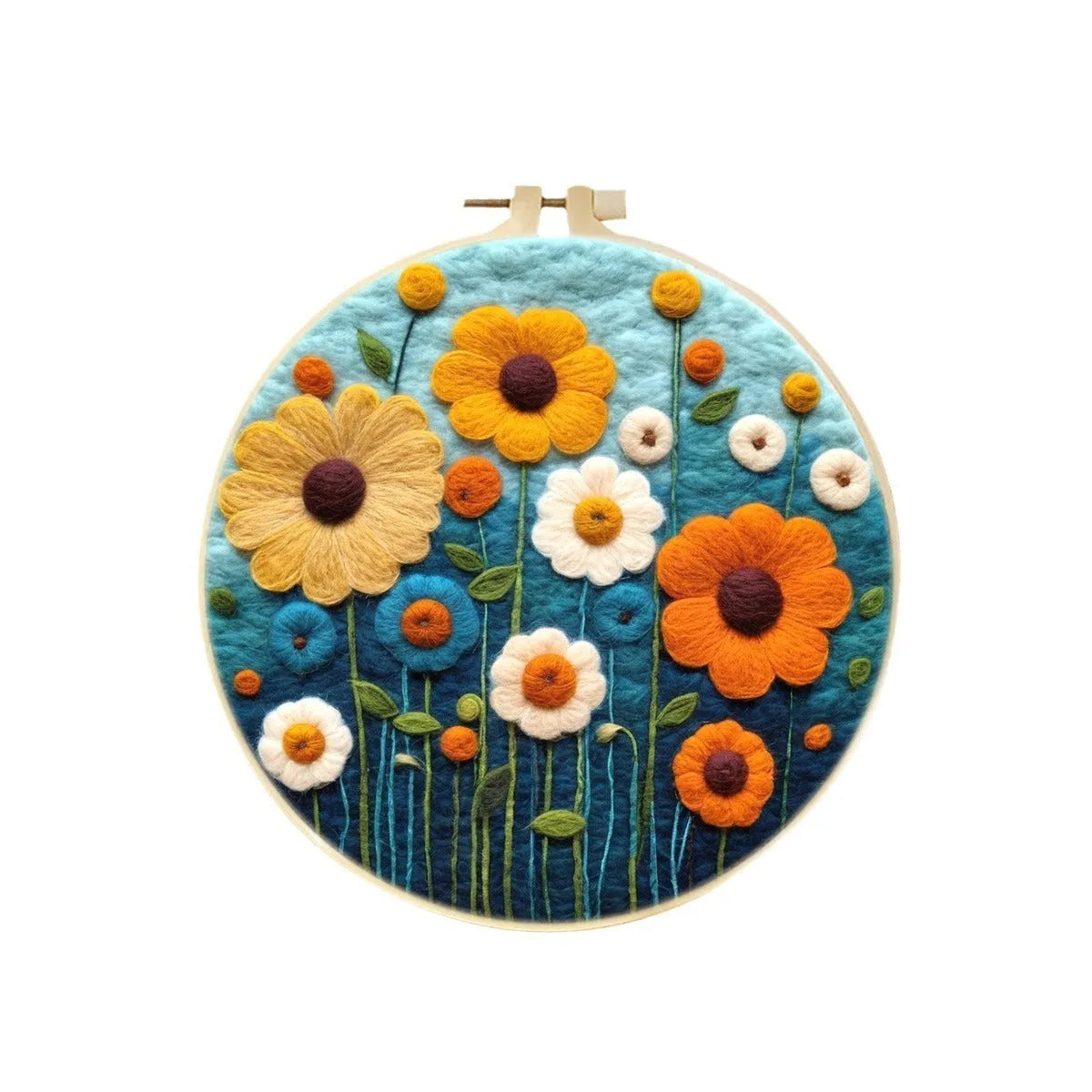 Round fabric embroidery kit with 20x20cm linen frame and wool felt for three-dimensional floral artwork