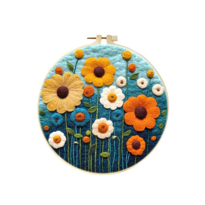 Round fabric embroidery kit with 20x20cm linen frame and wool felt for three-dimensional floral artwork