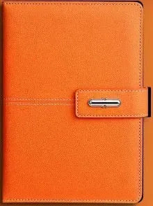 A5 notebook with imitation leather cover in a choice of colours including black, red, green, blue, and orange.