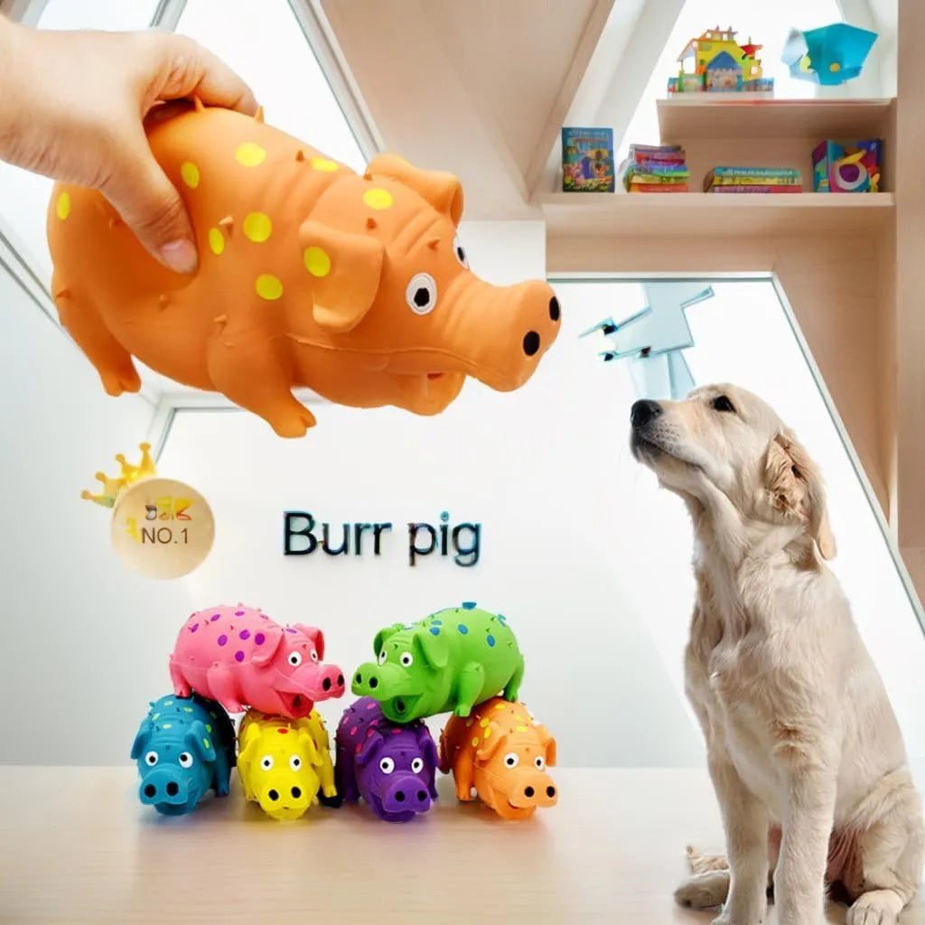 Blue latex pig-shaped dog chew toy with textured surface measuring 20x10cm