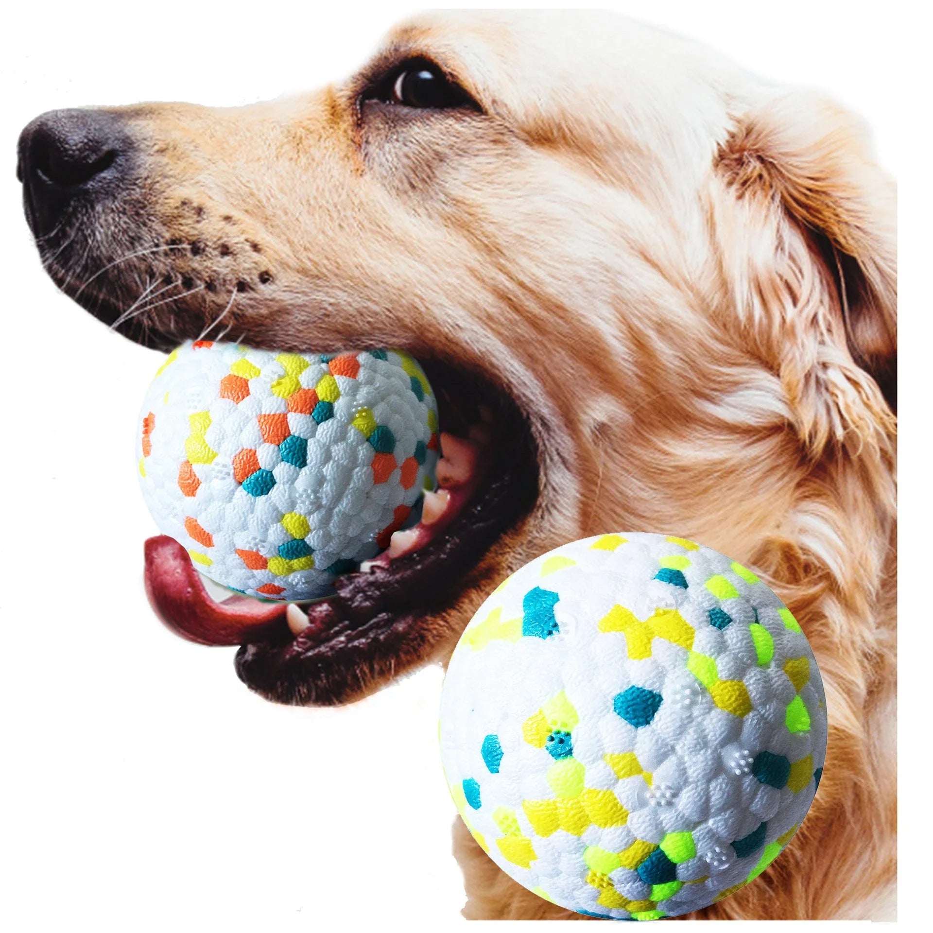Interactive chew toy ball for dogs, featuring a durable TPU construction and corn grain design to clean teeth while playing