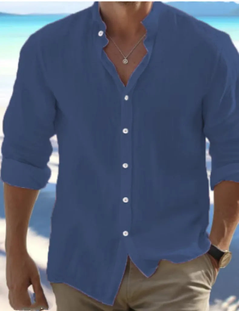 Men's white long-staple cotton pullover shirt with collage stitching detail, sizes S to 5XL