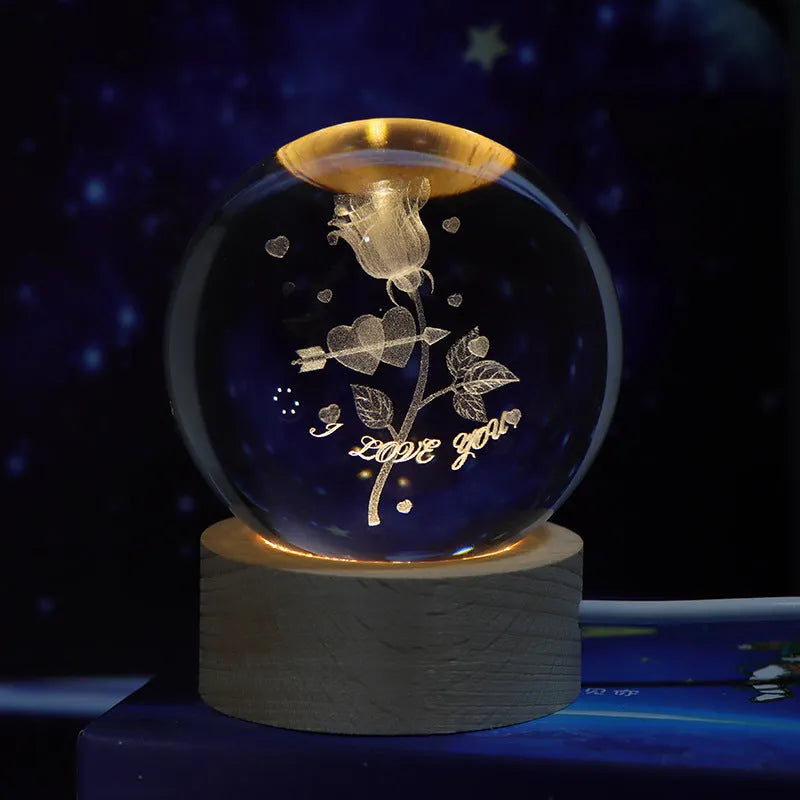 Crystal ball night light projecting 3D starry sky and planets with solid wood base