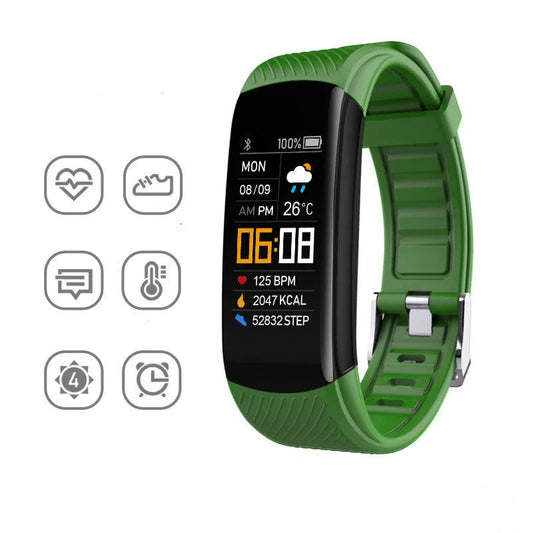Adult sports silicone pedometer bracelet in black with 0.96-inch touchscreen displaying step count
