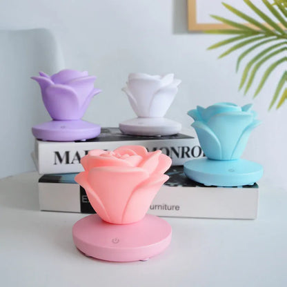 Mini rose night light with ABS base and PVC soft petals, 10 x 10 x 9.6 cm, USB rechargeable, touch dimmable, in pink