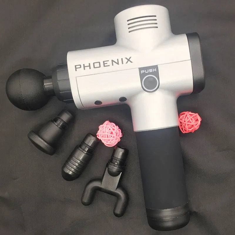 Black fascia massage gun with four interchangeable heads for deep tissue treatment measuring 29x28x28cm