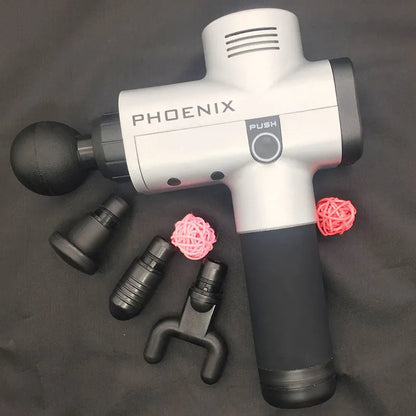 Black fascia massage gun with four interchangeable heads for deep tissue treatment measuring 29x28x28cm