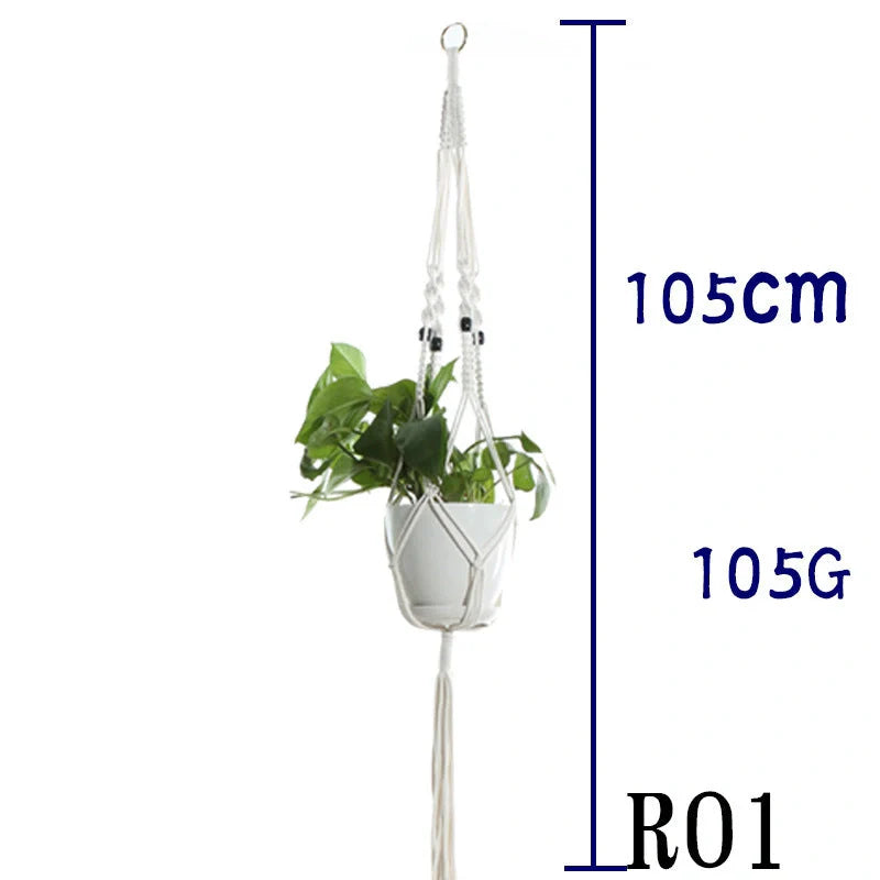 Beige cotton rope hanging basket with various styles for indoor plant display