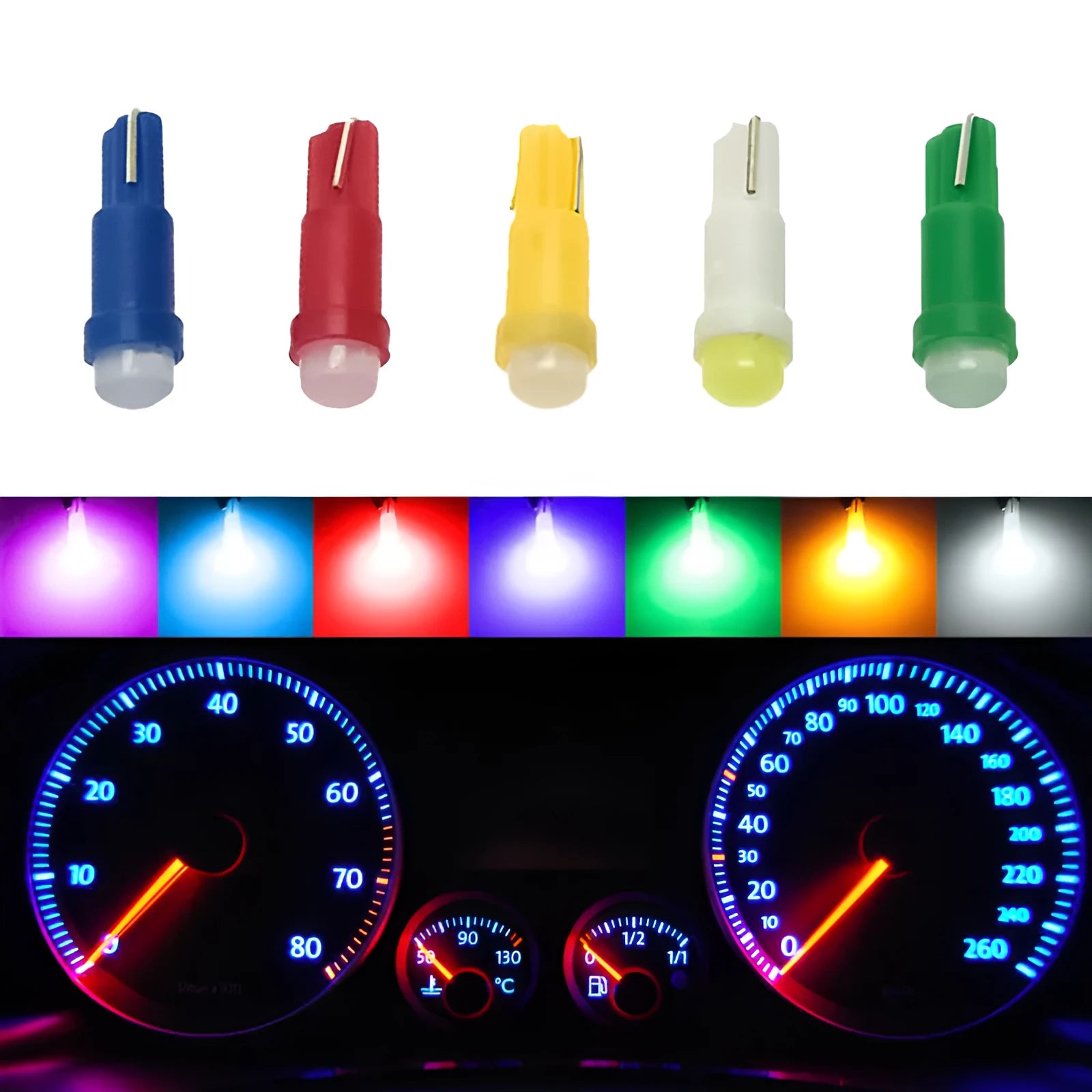 T5 LED car instrument bulb with ceramic base in multiple colours including blue, green, red and yellow