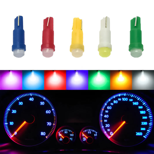 T5 LED car instrument bulb with ceramic base in multiple colours including blue, green, red and yellow