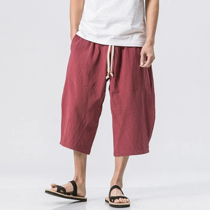 Comfy cotton harem pants in a variety of colors, featuring a relaxed, wide-leg silhouette and convenient drawstring waistband.