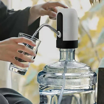 Cordless electric water bottle pump with USB charging, automatic suction, and wide bottle compatibility