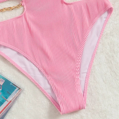 Ladies solid color one piece swimsuit with chest pad in pink and black