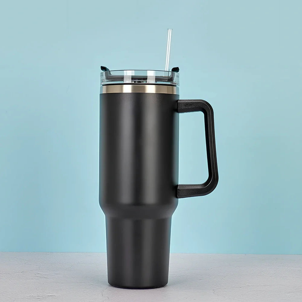 Black 40 oz stainless steel thermos cup with handle, double-wall insulation, Nordic style for office or outdoor use