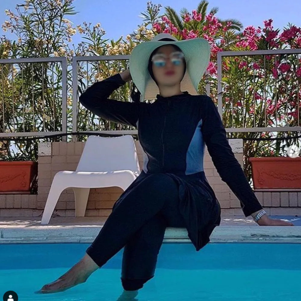 Conservative three-piece Muslim swimsuit for women in black, sizes S to 3XL