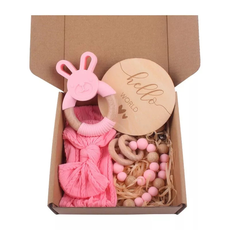 Natural cotton baby bath toy set with wooden rattle and comfort towel