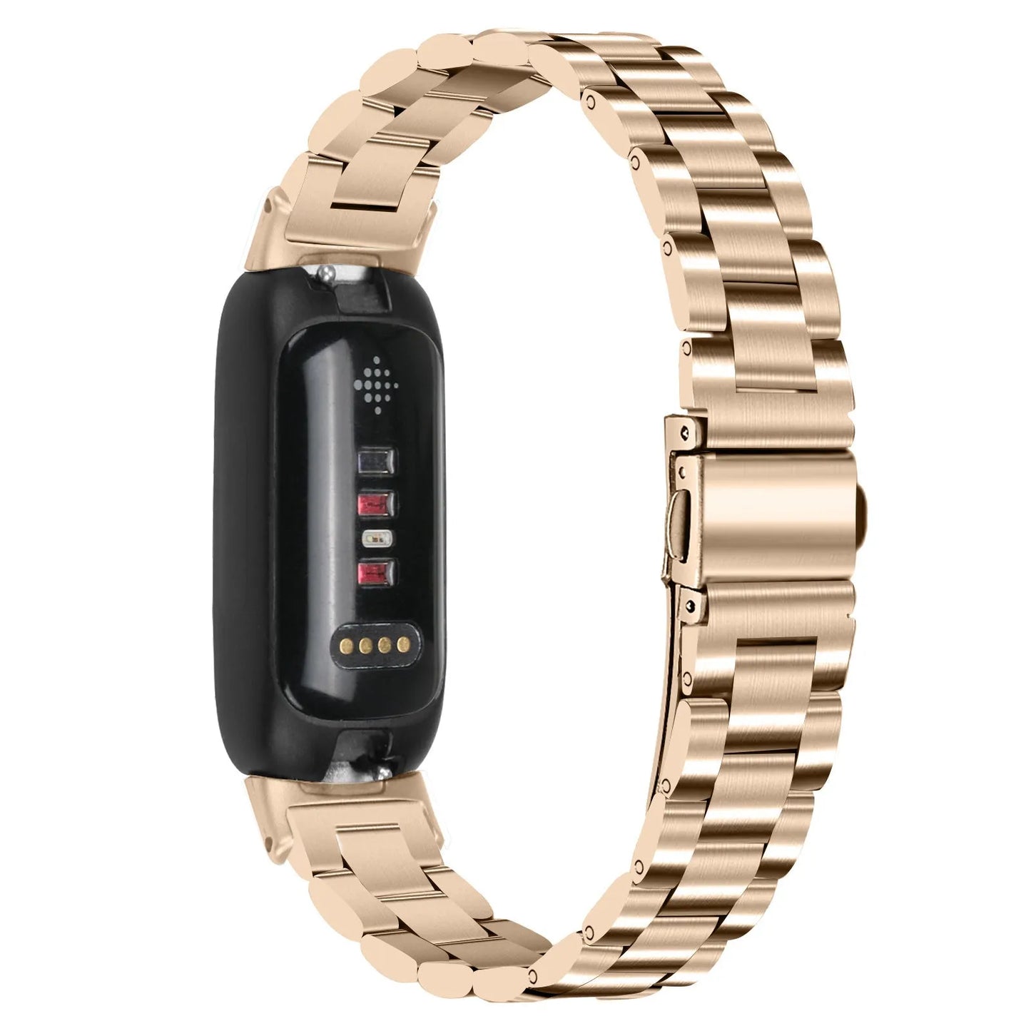 Three-bead stainless steel watch strap for Fitbit Inspire 3 in rose gold on a wrist