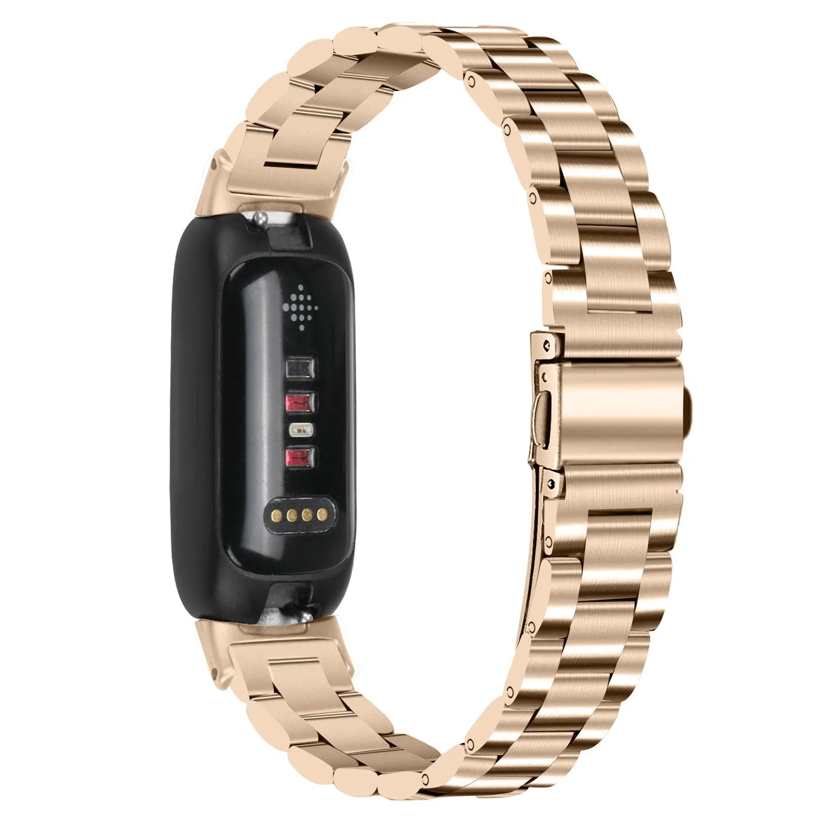 Three-bead stainless steel watch strap for Fitbit Inspire 3 in rose gold on a wrist