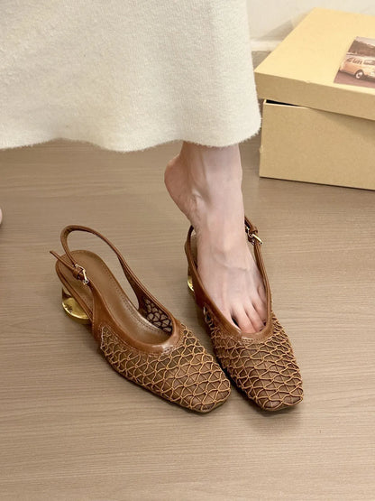 Women's brown square toe sandals with woven detail and a slingback strap.