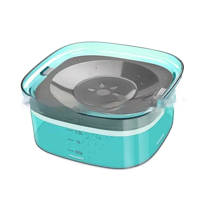 Transparent 2L dog water bowl with floating slow-feeding disk and non-slip base
