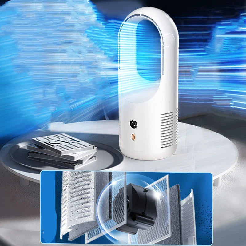 Whisper-quiet cordless desk fan with adjustable 6-speed settings, compact design, and rechargeable USB power