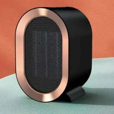 Black desktop electric heater with ceramic heating, mechanical dial, and compact design for home office use