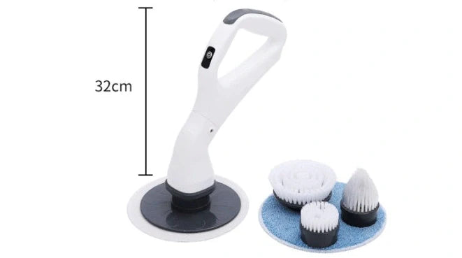Wireless electric cleaning brush with mop heads, brush attachments, and charger on countertop