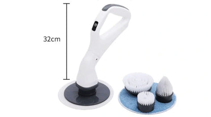 Wireless electric cleaning brush with mop heads, brush attachments, and charger on countertop
