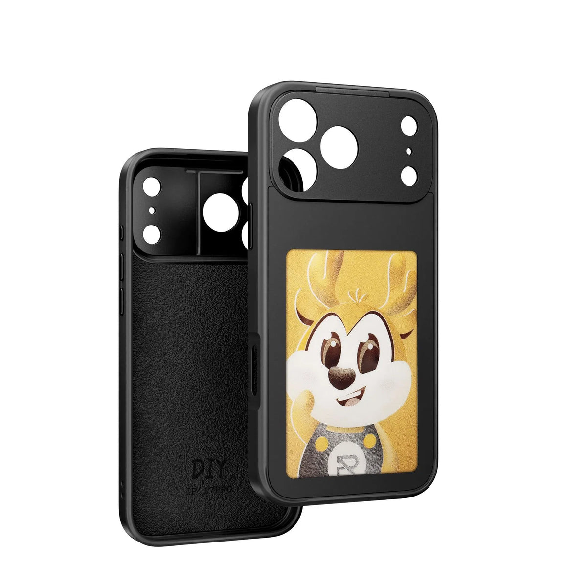 E-Ink screen phone case for iPhone 17 series in black, white, gray or orange, made of TPU and PC.