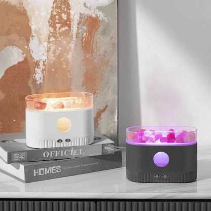 Black desktop atmosphere lamp with flame effect and humidifier functions, measuring 168mm tall