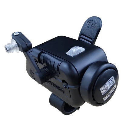 Black sea fishing bite alarm with ABS shell and polymer mounting belt for rod attachment