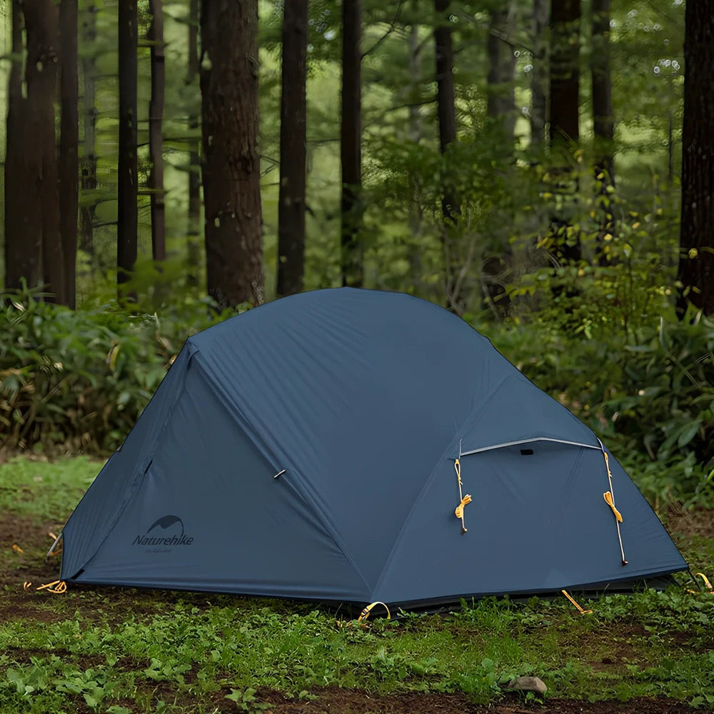 Phantom Blue two-person silicone tent with aluminium poles showing waterproof construction