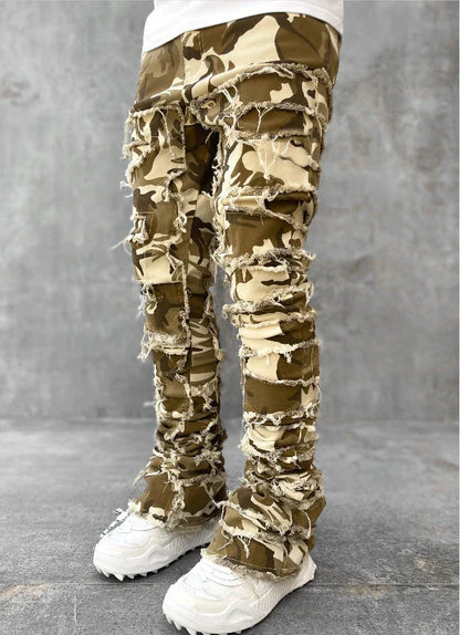 Stylish patched men's jeans with tight, stacked fit and variety of vibrant color options