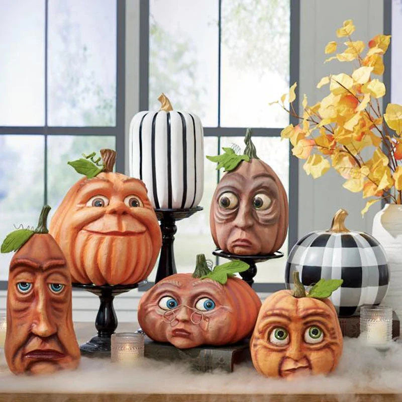 A collection of resin-crafted pumpkins in various sizes and shapes, perfect for Halloween decorations and displays.