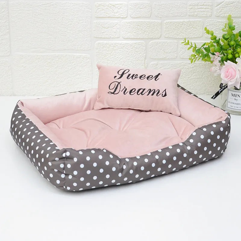 Polka dot printed dog bed with matching square pillow in rose red, lake blue, pink, or grey colours