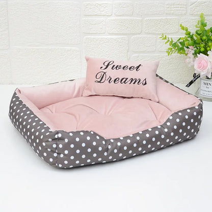 Polka dot printed dog bed with matching square pillow in rose red, lake blue, pink, or grey colours