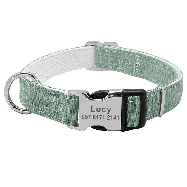 Custom engraved nylon dog collar with adjustable strap and personalized tag in various colors