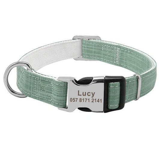 Custom engraved nylon dog collar with adjustable strap and personalized tag in various colors
