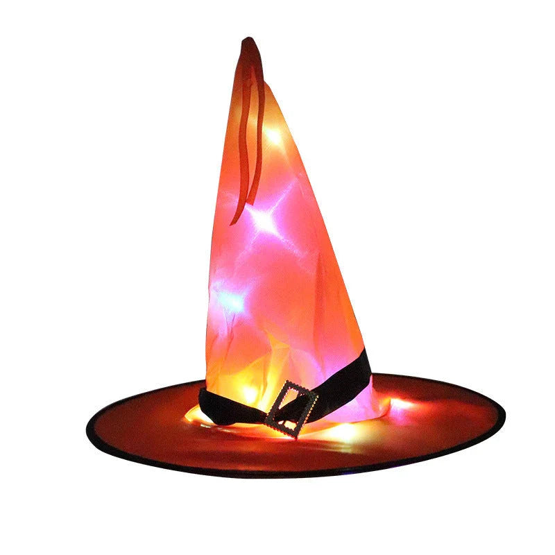 A colorful LED-illuminated witch hat with elf ears, perfect for Halloween home decor and parties.