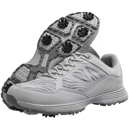 Men's waterproof golf shoes with nails for enhanced grip, available in black, blue, gray, and dark gray.