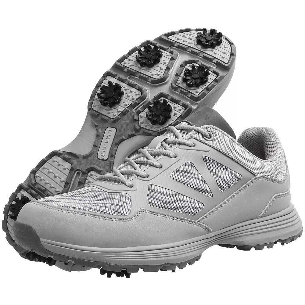 Men's waterproof golf shoes with nails for enhanced grip, available in black, blue, gray, and dark gray.