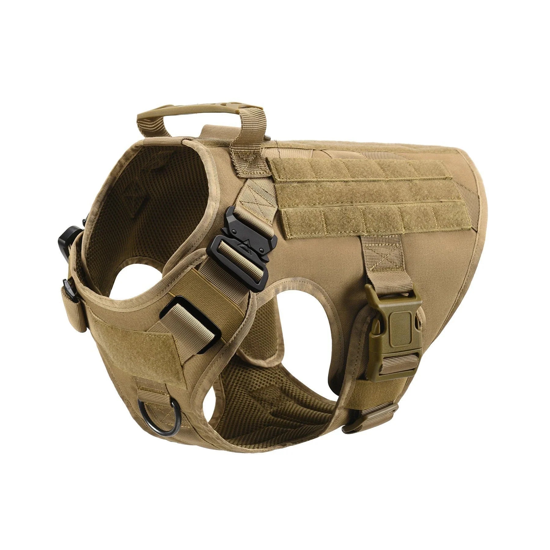 Durable tactical dog harness with reinforced top handle, multiple customizable panels, and leash set for outdoor activities and training