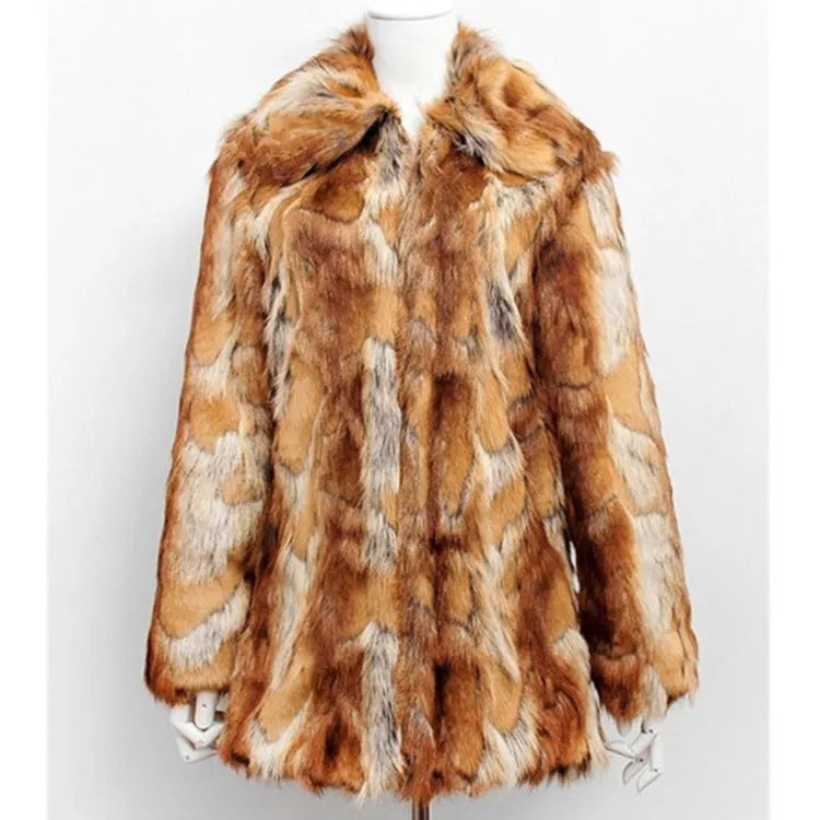 Tiger pattern slim leather jacket with faux fur lining, 65cm medium length street fashion outerwear