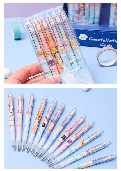 Set of six constellation-themed press gel pens with 0.5mm tips in two cartoon style choices.