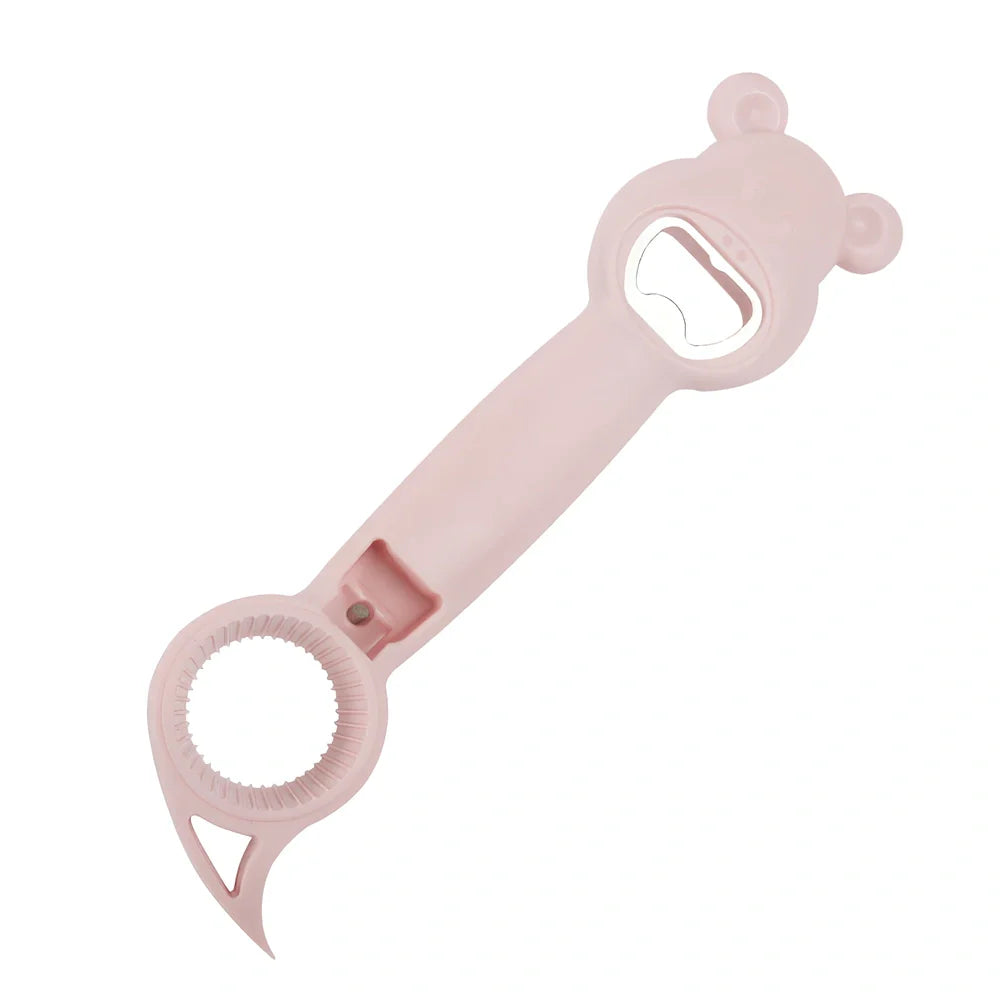 Bear-shaped 4-in-1 stainless steel bottle opener in gray blue, 21 cm long for jars cans and beers