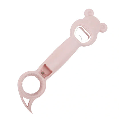 Bear-shaped 4-in-1 stainless steel bottle opener in gray blue, 21 cm long for jars cans and beers