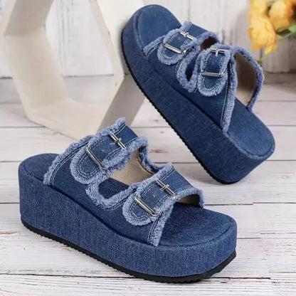 Women's denim buckle wedge sandals with thick foam sole in multiple colors