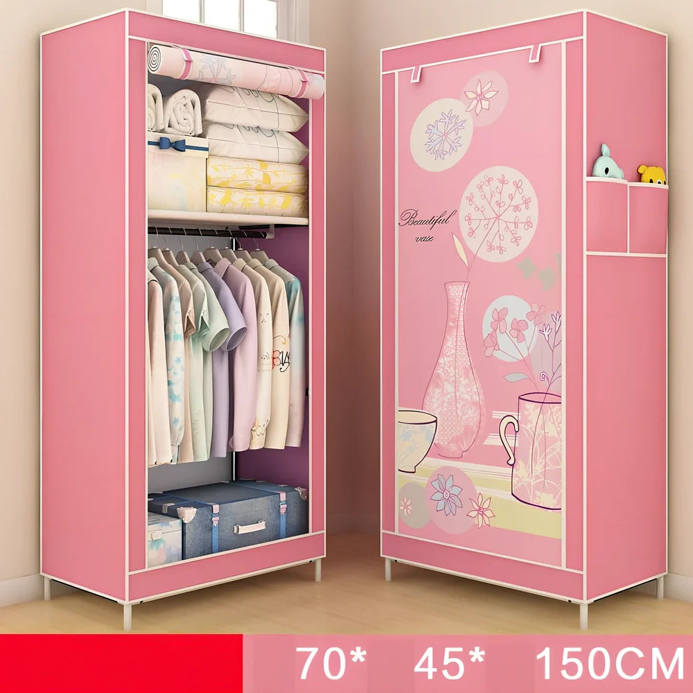 Single dormitory wardrobe with steel frame and fabric enclosure measuring 70×45×150cm